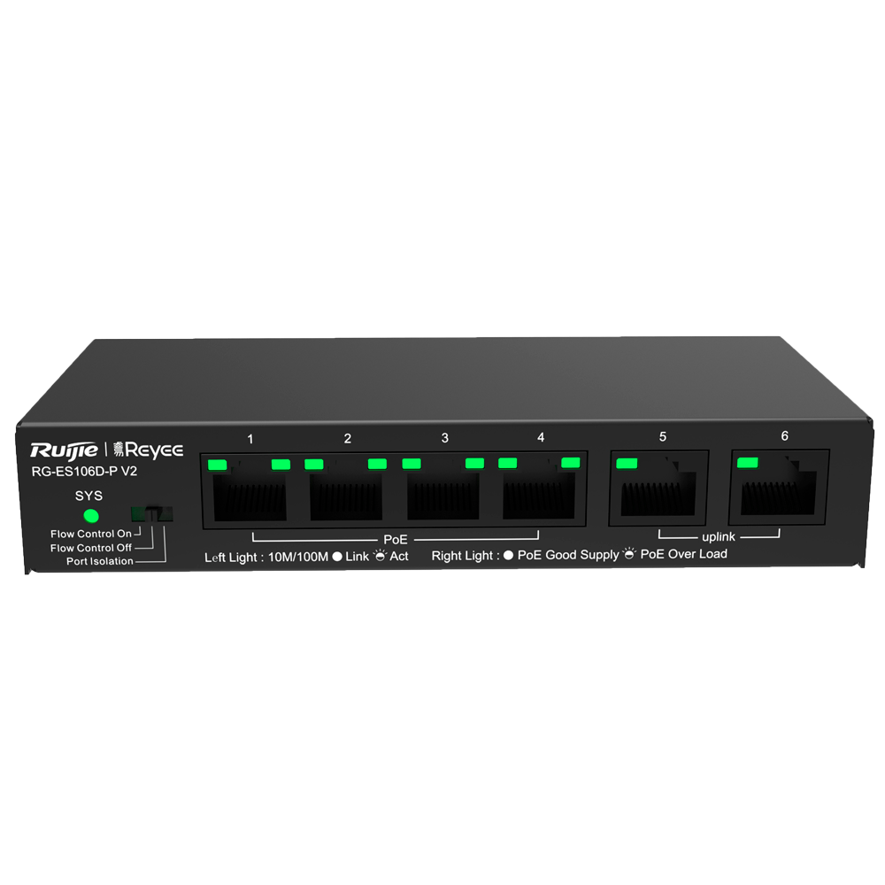 Switch 4 Portas PoE + 2 Uplink Reyee